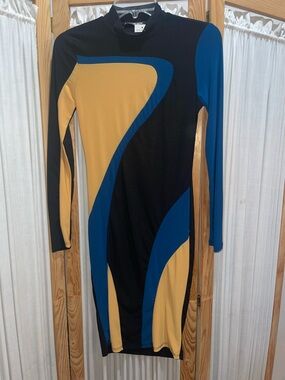 Fashion Nova Black, Mustard & Blue Long Sleeve Bodycon Dress